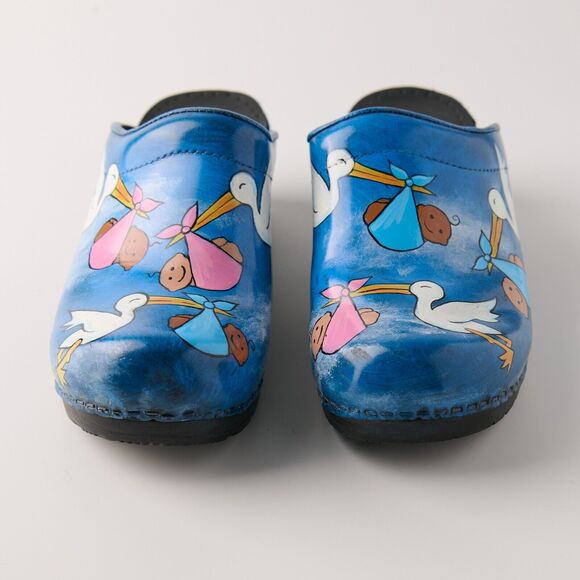Sanita Hand Painted Stork Baby Clogs Sz 37 EU Nurse RN Midwife Shoes Denmark - Picture 4 of 15